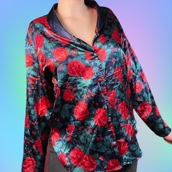 Rose Printed Silky Lingerie Button Down - Picture 2 of 4